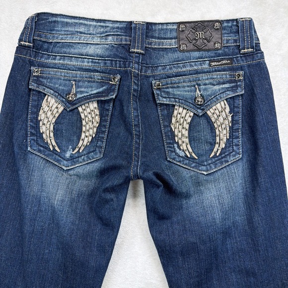 Miss Me Denim - Miss Me Bootcut Jeans Womens 31 Blue Rhinestone Angel Wing Flap Pocket Low Rise